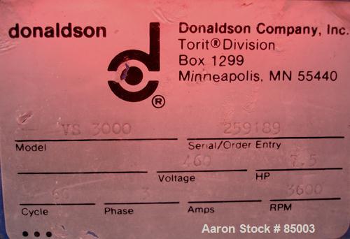 Used Torit Vibra Shake Cartridge Type Dust Collector, Model VS3000, 354 Square Feet Filter Area, Carbon Steel. Nominal air flow 3000 ACFM. 10" inlet, top mounted blower, 7.5 HP, 3/60/460 Volt, 3600 R...