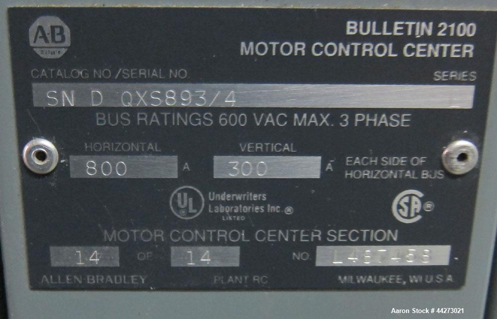 Used Allen Bradley Centerline MCC 480 volt, 14 Section Motor Control Center