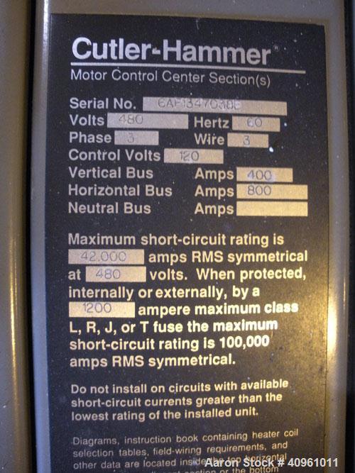 Used Cutler-Hammer Unitrol Motor Control Sections. 3/60/480 volt. Vertical Bus Amp 400, Horizontal 800. Serial#'s 6AF1347038B, 6AF1347038D, 6AF1347038E.