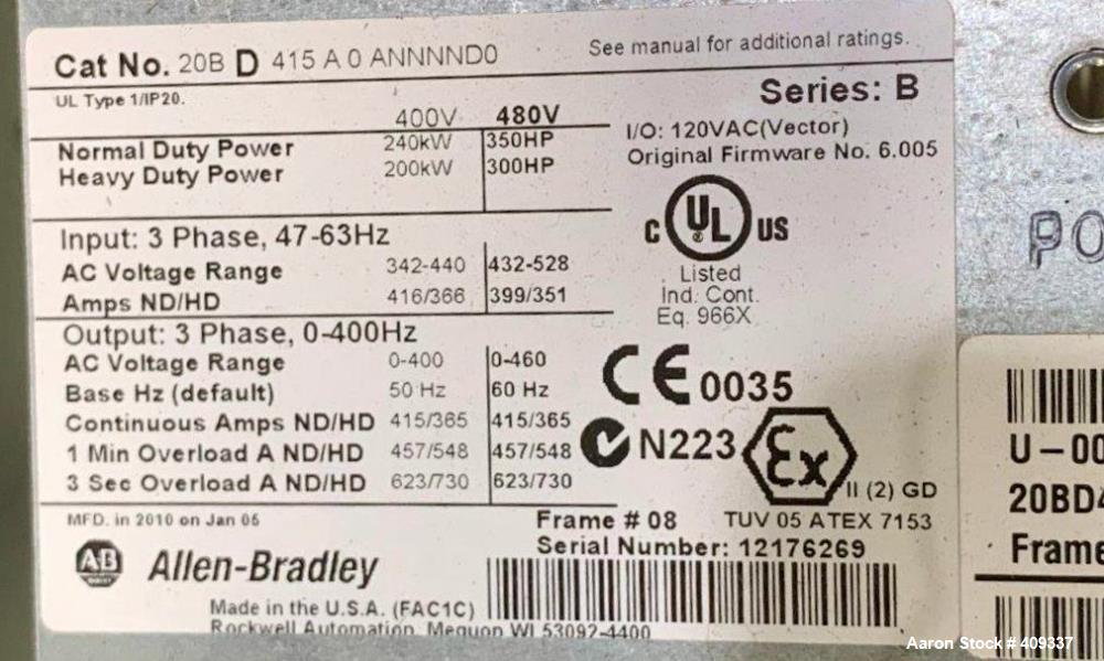 Used- Allen Bradley 350 HP Variable Frquency Inverter AC Drive, Catalog# 20BD415A0ANNNND0. 350 HP. Allen Bradley PowerFlex 7...