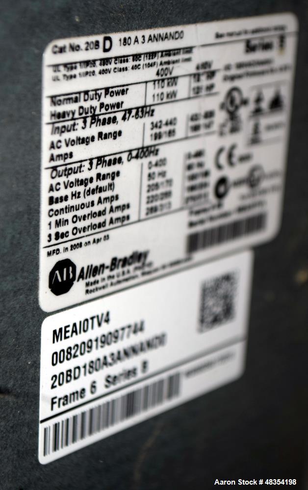 Used Allen-Bradley PowerFlex 700 drive. Motor rating 110kw/150-125 hp, catalog# 20B-D180 A 0 ANNAND0.