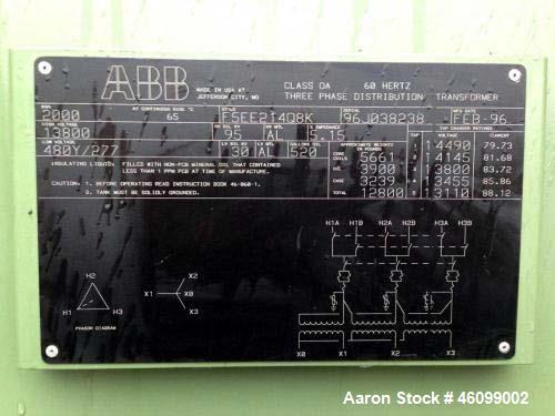 Used ABB Dry Type Transformer, 2000 KVA. Serial number 96J038238, 460Y/277.