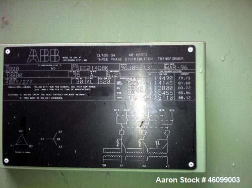 Used ABB Dry Type Transformer, 2000 KVA. Serial number 96J053259, High Voltage 13800, Low Voltage 480Y/277.