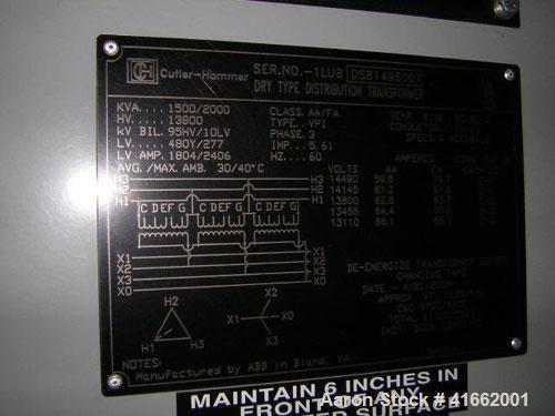 Unused- Cutler Hammer/ABB Transformer. Built 2008. 1500/2000 kva dry type. HV 13,800 Delta Primary to 480Y/277 Secondary. kV BIL 95 HV, 10 LV, LV amp 1804/2406, Class AA/FA, type VP1, average max amp...