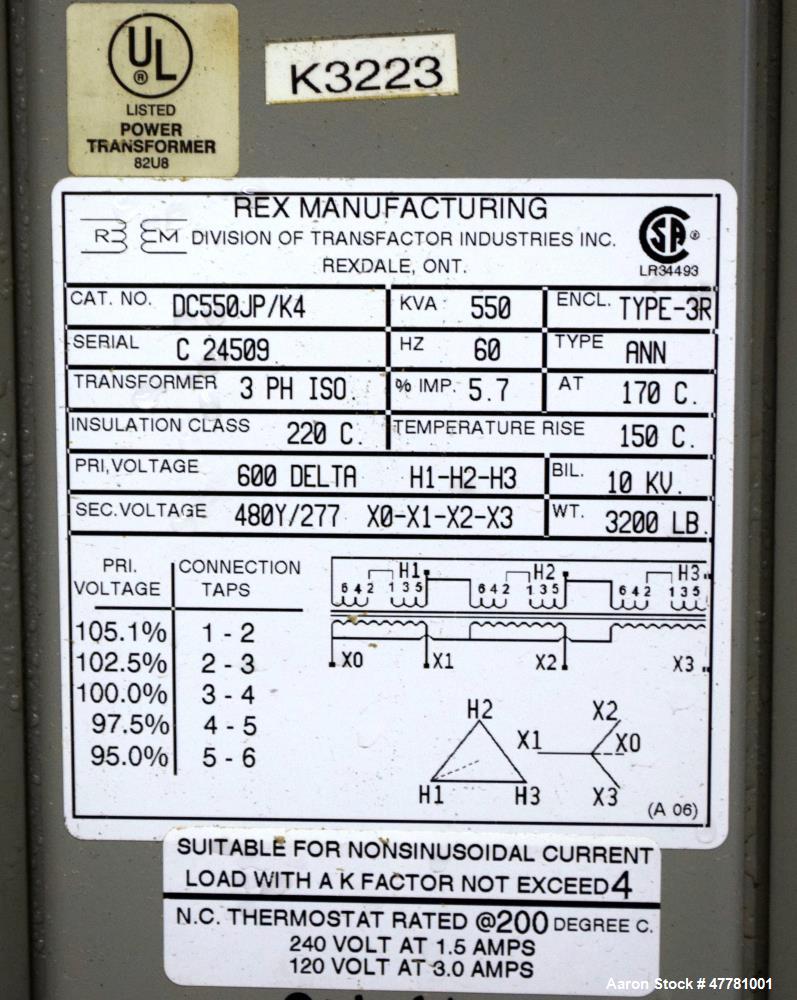 Used- Rex Manufacturing 550 Kva 3 Phase Drive Isolation Transformer, Catalog# DC