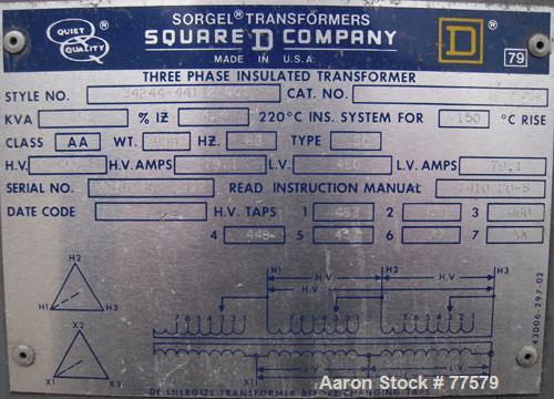 Used Square D 63 KVA Transformer, Style 34244-44112-002. High/Low Volt 460.