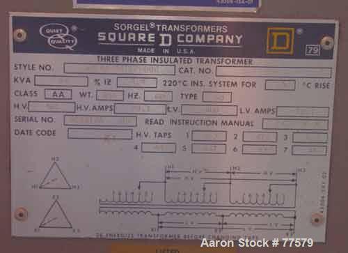 Used Square D 63 KVA Transformer, Style 34244-44112-002. High/Low Volt 460.
