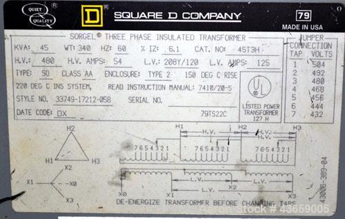 Used Square D 45T3H Insulated Dry Transformer, 45 KVA. 3/60/, H.V. 480, H.V. amps 54- L.V. 208Y/120, L.V. amps 125. Type SO, Class AA, Enclosure Type 2, 150 Degree C. rise, 220 Degree C. INS System. ...