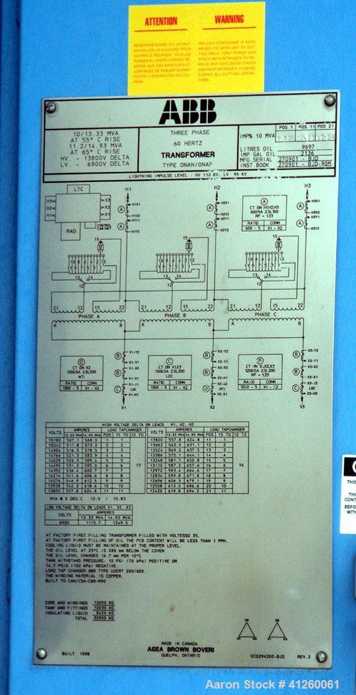 Used- Asea Brown Boveri Transformer, oil filled 10/13.33 MVA at 55 deg C rise, 3 phase, 60 hertz.