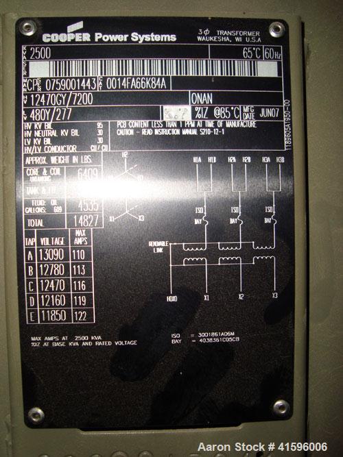 Used Cooper Power 2500 kva Padmount Transformer. 3 phase, 12470GY/7200-480Y/277.