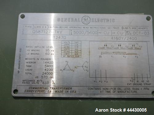 Used GE Padmount 5000 kVA 12470 / 4150Y / 2400 Oil Filled Transformer.  Year 2003.