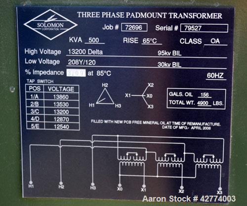 Used Solomon Corporation Three Phase Padmount Transformer. 500 KVA. 3/60 HZ. Rise 65 deg.c.., class OA. High voltage 13200 Delta, 95kv BIL, low voltage 208Y/120, 30 kv BIL. Built 2008.