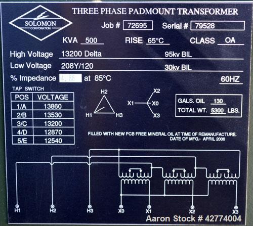 Used Solomon Corporation Three Phase Padmount Transformer. 500 KVA. 3/60 HZ. Rise 65 deg.c.., class OA. High voltage 13200 Delta, 95kv BIL, low voltage 208Y/120, 30 kv BIL. Built 2008.