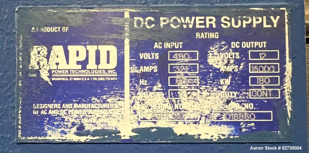 Used- Dynapower 9V/10000 Amp Rectifier. 3/60/480v AC input, 180kw, 12v, 15000 amp output. Serial# 599026
