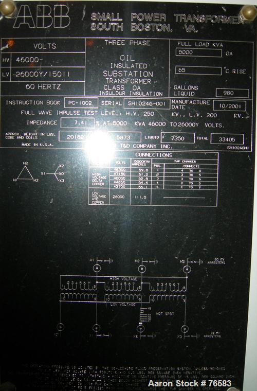 Unused-UNUSED: ABB transformer, 3 phase, 46,000 HV volts, 26,000/15011 LV volts, 60 hertz, oil insulated substation transformer, Class OA. Insuldur insulation, 5,000 kva fll load OA, 85 degree C rise...