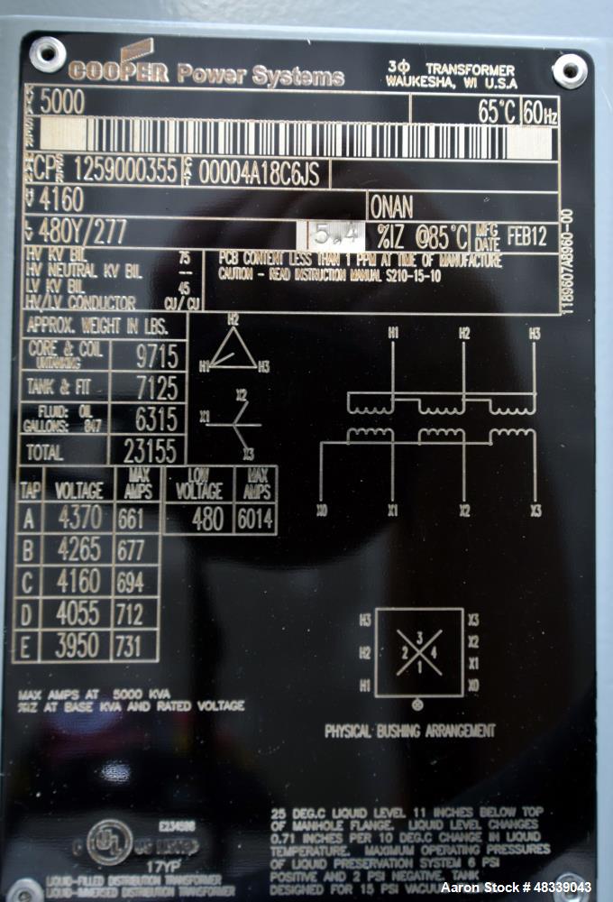 Used Cooper Power Systems 3 Phase Transformer.