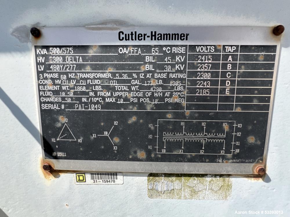 Used – Cutler-Hammer 500/575 KVA Transformer – 3-Phase, 2300 Delta HV / 480Y-277 LV