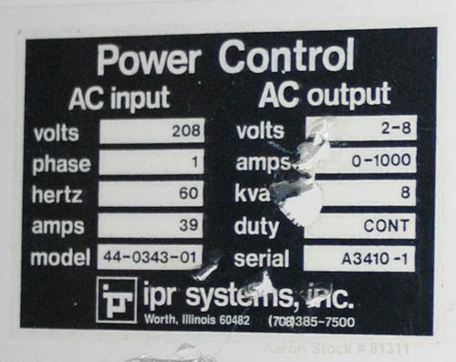 Used IPR Systems Industrial Power Rectifier, Model 44-0343-01. AC input 1/60/208 Volt, 39 Amps. AC output 8 KVA, 2-8 Volt, 0-1000 Amps.