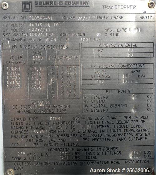 Used Square D Transformer, kva rating 1000/1150 continuous. Class OA/FA. 3 Phase, 60 Hertz. HV 12,470 DELTA, LV 480Y/277.