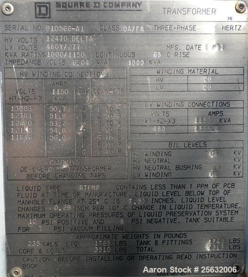 Used- Square D Transformer, kva rating 1000/1150 continuous. Class OA/FA. 3 Phase, 60 Hertz. HV 12,470 DELTA, LV 480Y/277.