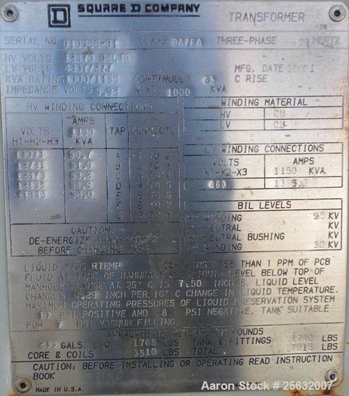 Used Square D Transformer, kva rating 1000/1150 continuous. Class OA/FA. 3 Phase, 60 Hertz. HV 12,470 DELTA, LV 480Y/277.