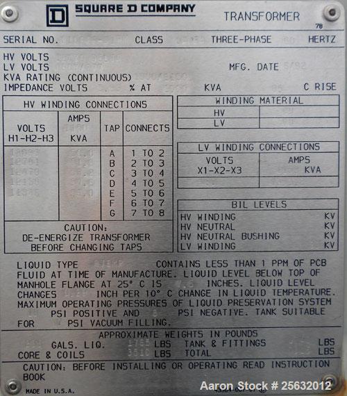 Used- Square D Transformer, kva rating 1000/1150 continuous. Class OA/FA. 3 Phase, 60 Hertz. HV 12,470 DELTA, LV 480Y/277.