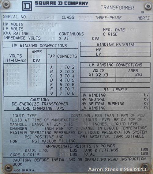 Used- Square D Transformer, kva rating 1000/1150 continuous. Class OA/FA. 3 Phase, 60 Hertz. HV 12,470 DELTA, LV 480Y/277.