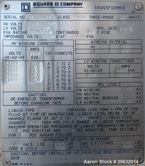 Used- Square D Transformer, kva rating 1000/1150 continuous. Class OA/FA. 3 Phase, 60 Hertz. HV 12,470 DELTA, LV 480Y/277.