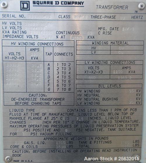 Used Square D Transformer, kva rating 1000/1150 continuous. Class OA/FA. 3 Phase, 60 Hertz. HV 12,470 DELTA, LV 480Y/277.