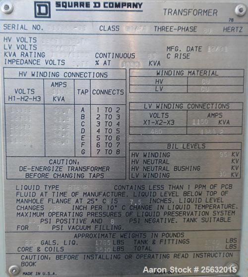 Used- Square D Transformer, kva rating 1000/1150 continuous. Class OA/FA. 3 Phase, 60 Hertz. HV 12,470 DELTA, LV 480Y/277.