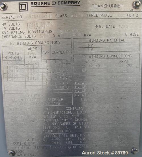 USED: Square D transformer. 3000 kva, class OA/FFA, 3/60. Built 1995. HV volts 12,470 delta, LV volts 480Y/277.