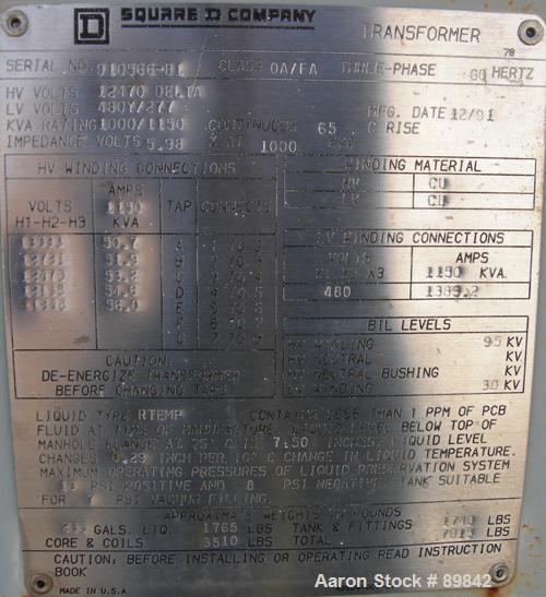 USED: Square D transformer, 1000/1500 kva, Class OA/FA. 3/60, 12,470 delta HV volts, 480Y/277 LV volts.