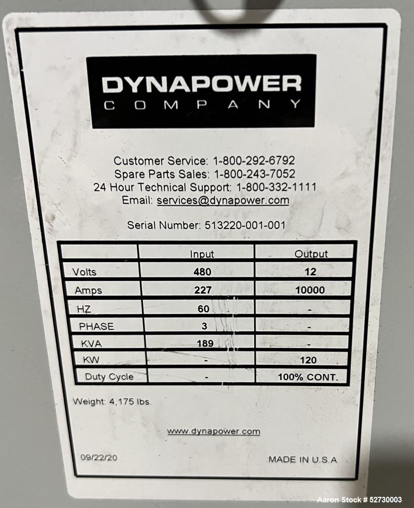 Used Dynapower 9V/10000 Amp Rectifier. 3/60/480v AC input, 180kw, 12v, 10000 amp output. Water cooled. Maple systems HMI. Dynapower transformer, P/N TMC-7-010022460, S/N 513220-001-001. Serial# 51322...