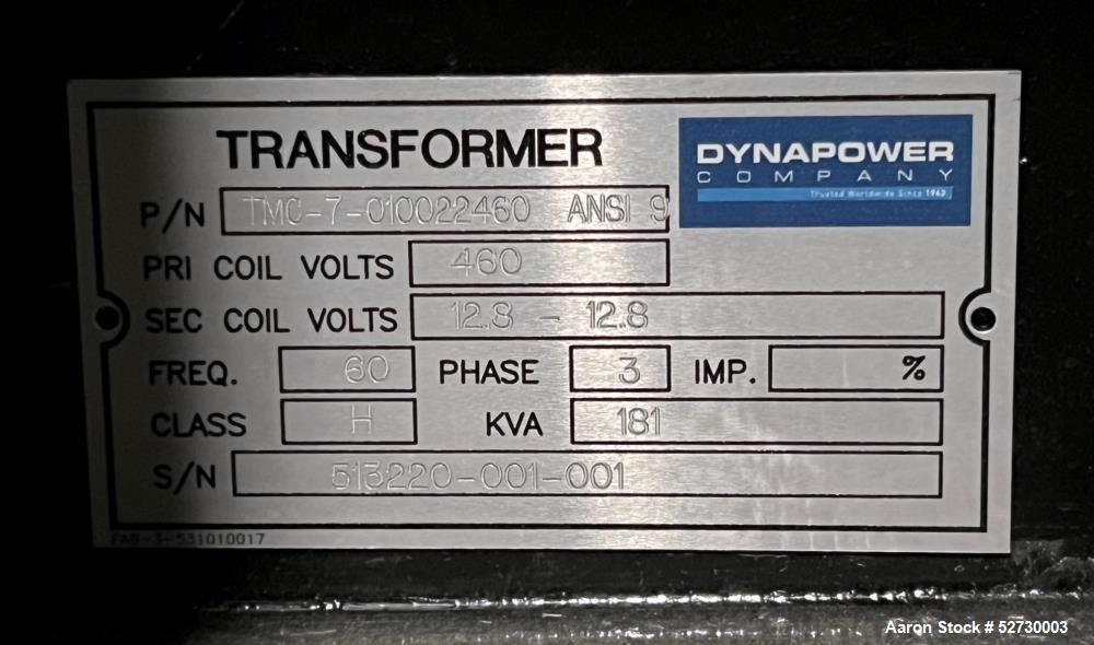 Used Dynapower 9V/10000 Amp Rectifier. 3/60/480v AC input, 180kw, 12v, 10000 amp output. Water cooled. Maple systems HMI. Dynapower transformer, P/N TMC-7-010022460, S/N 513220-001-001. Serial# 51322...
