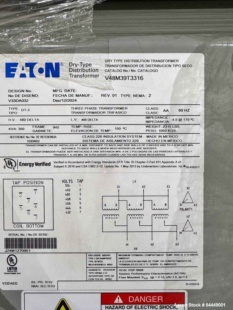 Used Eaton 300 KVA Dry-Type Distribution Transformer | 480V to 400V 3-Phase Unit