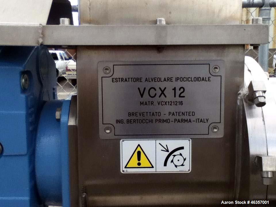 Used Bertocchi Turbo Juice Extractor, Model VCX-12V. 304 Stainless steel, 85 hp 220/440, 3ph main drive; 47 hp, 220/440, 3ph drive for tenderizer and cutting mechanism. 5 Hp 22/440, 3 ph drive with g...