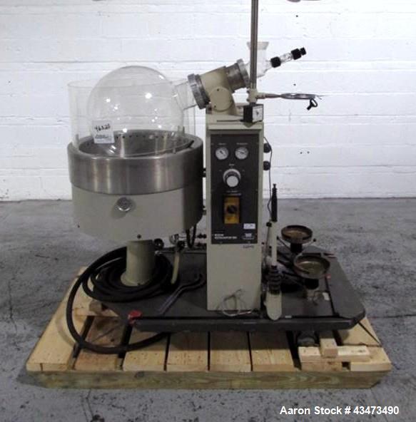 Used Buchi RotaVap, Model R-186EX. With heat bath, main glass flask, 1.6 square meter glass coil condensor, and glass receiver flask on base wth 250 watt heater, 440 volt with controls, serial# 24539...