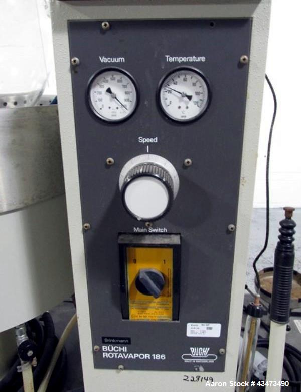 Used Buchi RotaVap, Model R-186EX. With heat bath, main glass flask, 1.6 square meter glass coil condensor, and glass receiver flask on base wth 250 watt heater, 440 volt with controls, serial# 24539...