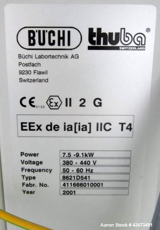 Used Buchi RotaVap, Model R-250EX. With heat bath, main glass flask and glass coil condensor on base wth 9.1 kw heater, 440 volt with controls, type 8621D541, serial# 411666010001, built 2001
