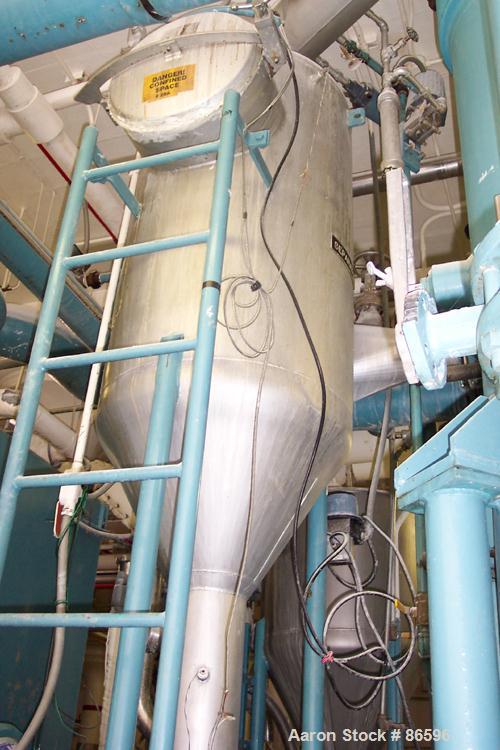 Used APV Single Effect Paravap Rising Film Evaporator, Model R86, 316 Stainless Steel. Approximate feed rate 10,000 pounds/hour, product rate 9412 pounds/hour, evaporation rate 588 pounds/hour. Syste...