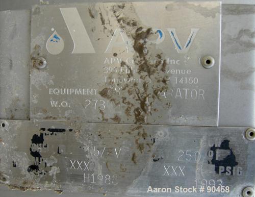 USED: APV single effect Paravap rising film evaporator, model R86, 316 stainless steel. Approximate feed rate 10,000 pounds/hour, product rate 9412 pounds/hour, evaporation rate 588 pounds/hour. Syst...