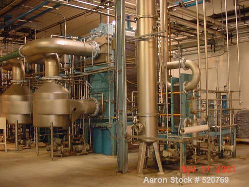USED: Alfa Laval plate evaporator, model ACE362X, complete withessence recovery. Sanitary stainless steel construction, rated for26,000 lbs/hour of water removal. Low heat design with shortresidency ...