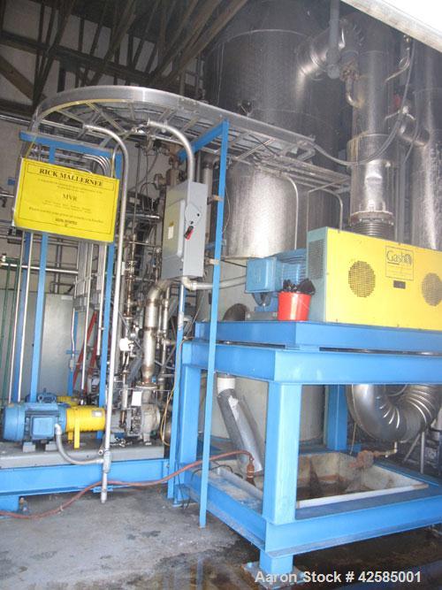 Used GEA / Niro Falling Film Mechanical Vapor Recompression (MVR) Evaporator. Single effect, approximately 1,500 square feet. Evaporative capacity: 3,688 lb/hour water. Materials of construction: pri...
