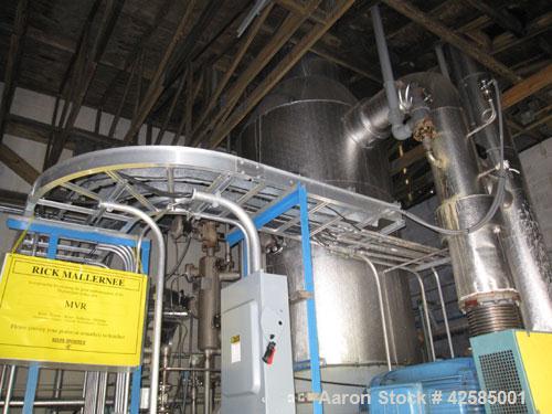 Used GEA / Niro Falling Film Mechanical Vapor Recompression (MVR) Evaporator. Single effect, approximately 1,500 square feet. Evaporative capacity: 3,688 lb/hour water. Materials of construction: pri...