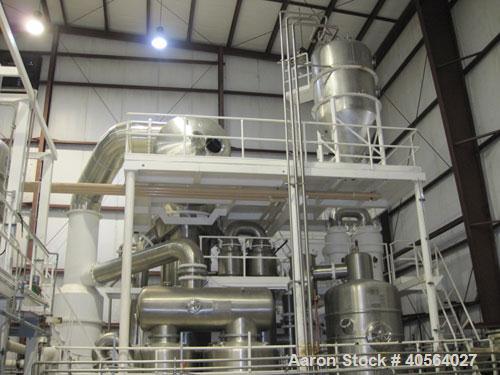 Used Ing. A. Rossi Triple Effect Continuous Fractional Evaporator, model ULTER, 316 stainless steel product contact areas. Approximately 2,500 to 3,000 square foot area. Forced circulation, rising fi...