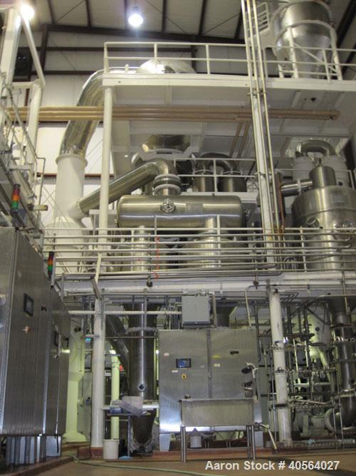 Used Ing. A. Rossi Triple Effect Continuous Fractional Evaporator, model ULTER, 316 stainless steel product contact areas. Approximately 2,500 to 3,000 square foot area. Forced circulation, rising fi...