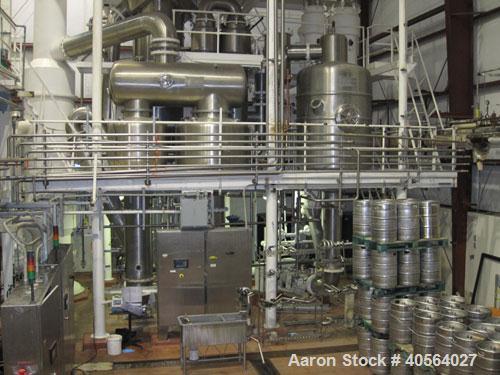 Used Ing. A. Rossi Triple Effect Continuous Fractional Evaporator, model ULTER, 316 stainless steel product contact areas. Approximately 2,500 to 3,000 square foot area. Forced circulation, rising fi...