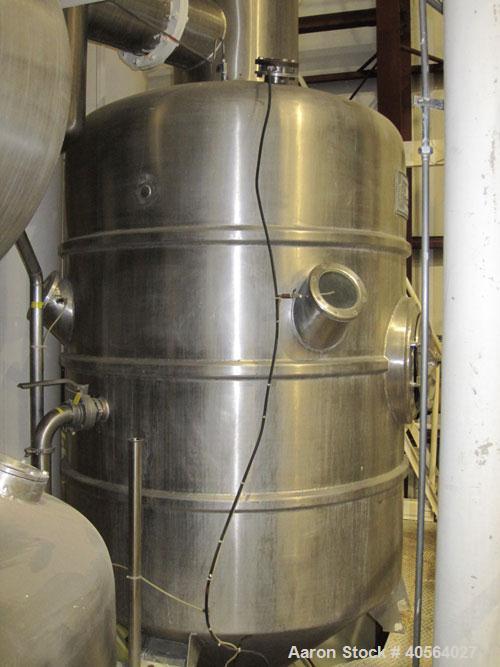 Used Ing. A. Rossi Triple Effect Continuous Fractional Evaporator, model ULTER, 316 stainless steel product contact areas. Approximately 2,500 to 3,000 square foot area. Forced circulation, rising fi...