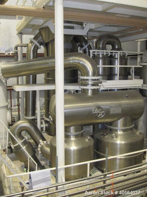 Used Ing. A. Rossi Triple Effect Continuous Fractional Evaporator, model ULTER, 316 stainless steel product contact areas. Approximately 2,500 to 3,000 square foot area. Forced circulation, rising fi...