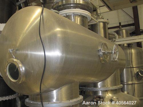 Used Ing. A. Rossi Triple Effect Continuous Fractional Evaporator, model ULTER, 316 stainless steel product contact areas. Approximately 2,500 to 3,000 square foot area. Forced circulation, rising fi...